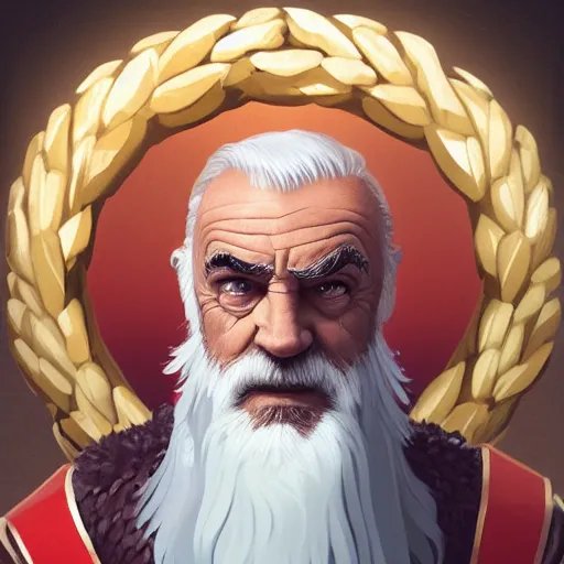 Image similar to portrait of old sean connery as a roman emperor, white hair and beard, laureal wreath, mattepainting concept blizzard pixar maya engine on stylized background splash comics global illumination lighting artstation, sharp focus, lois van baarle, ilya kuvshinov, rossdraws