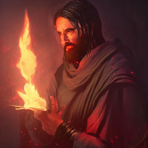 Prompt: A fantasy comic book style portrait painting ofJesus spell casting flames in a atmospheric dark fortress, unreal 5, magician, DAZ, hyperrealistic, octane render, RPG portrait, ambient light, dynamic lighting