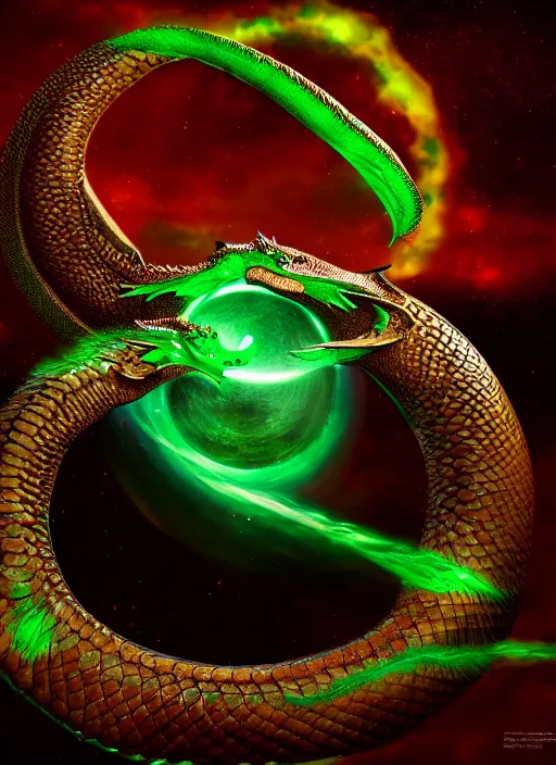 Prompt: portrait of the emerald dragon Ouroboros rotating around the core of the Universe + dim volumetric lighting, 8k octane beautifully detailed render, post-processing, extremely hyperdetailed, intricate, epic composition, grim yet sparkling atmosphere, cinematic lighting + masterpiece, trending on artstation