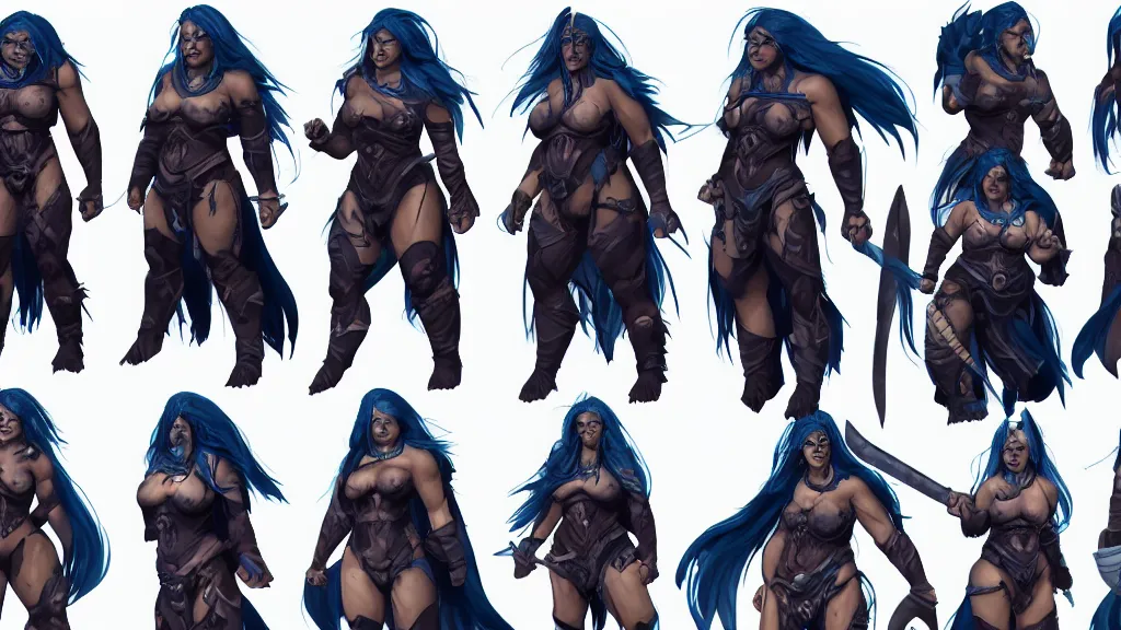 Image similar to a fantasy dark blue haired female barbarian orc character design sheet, trending on artstation