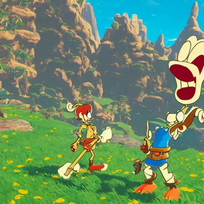 Prompt: Cuphead in The Legend of Zelda Breath of the Wild, detailed screenshot