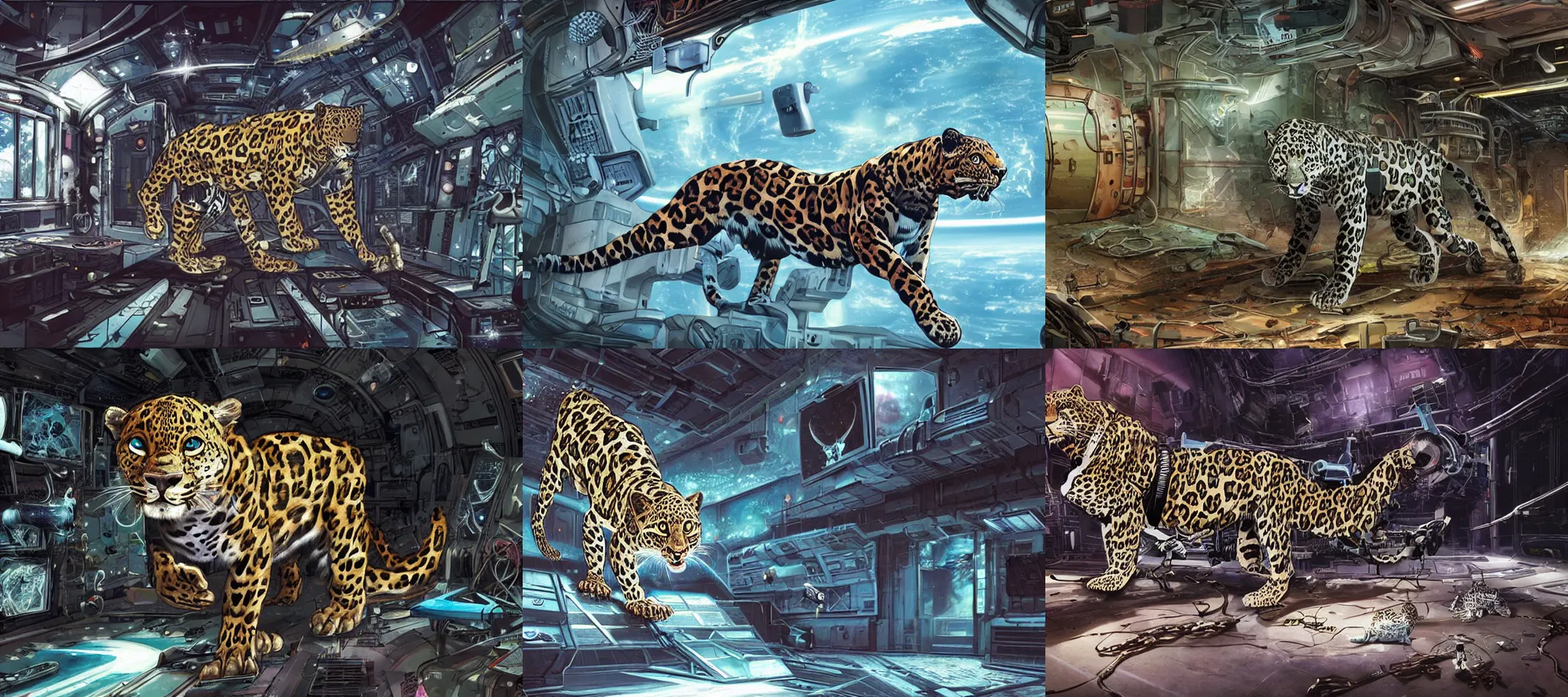 Prompt: A cyborg leopard prowls an abandoned space station