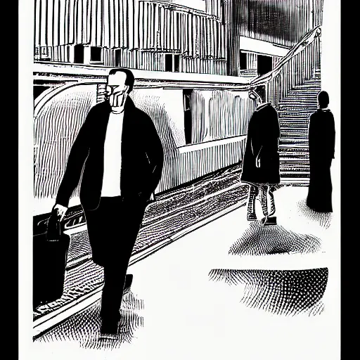 Image similar to a risograph print of a man walking into a New York City subway station