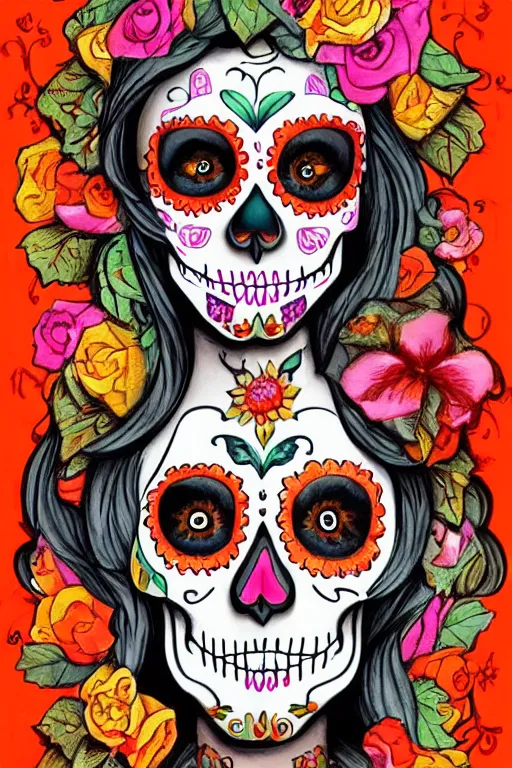 Prompt: Illustration of a sugar skull day of the dead girl, art by gustave baumann