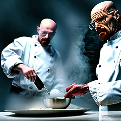 Image similar to walter white cooking meth with jesus, award winning photograph, 4 k, hd, focus, hdr