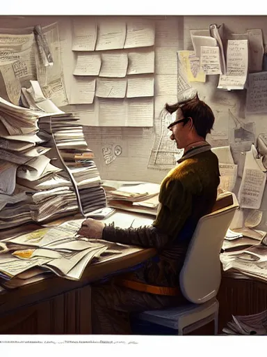 Image similar to salary man working at his desk, piles and piles of papers all over the place. intricate, elegant, highly detailed, digital painting, artstation, concept art, sharp focus, illustration, by justin gerard and artgerm, 8 k