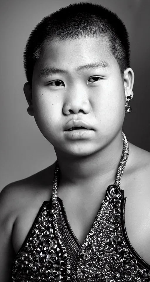 Image similar to close up portrait of a teenage chubby filipino with crooked teeth and a perm, shaved sides of head, curly on top, small studded earings