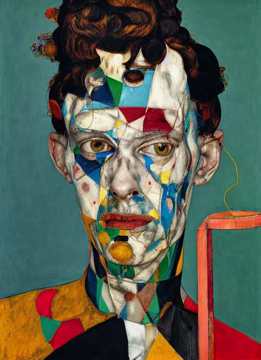 Prompt: portrait of an harlequin sitting on a stool, by vincent lefevre, egon schiele and hernan bas and pat steir and hilma af klint, psychological, photorealistic, symmetrical face, dripping paint, washy brush, rendered in octane, altermodern, masterpiece