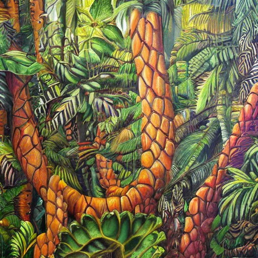 Image similar to 4 th wall jungle painting, oil and acrylic on canvas, high detail