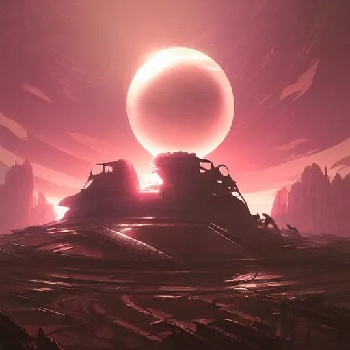 Prompt: beautiful landscape, nier automata, protoss temple!!!, machine planet, pink sun, advanced technology, cinematic lighting, highly detailed, masterpiece, art by bastien grivet