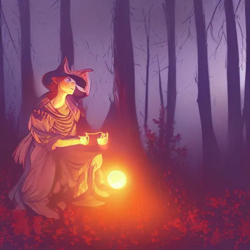 Image similar to an image of a witch performing a spell in a forest glade during the full moon, ambient lighting, concept art