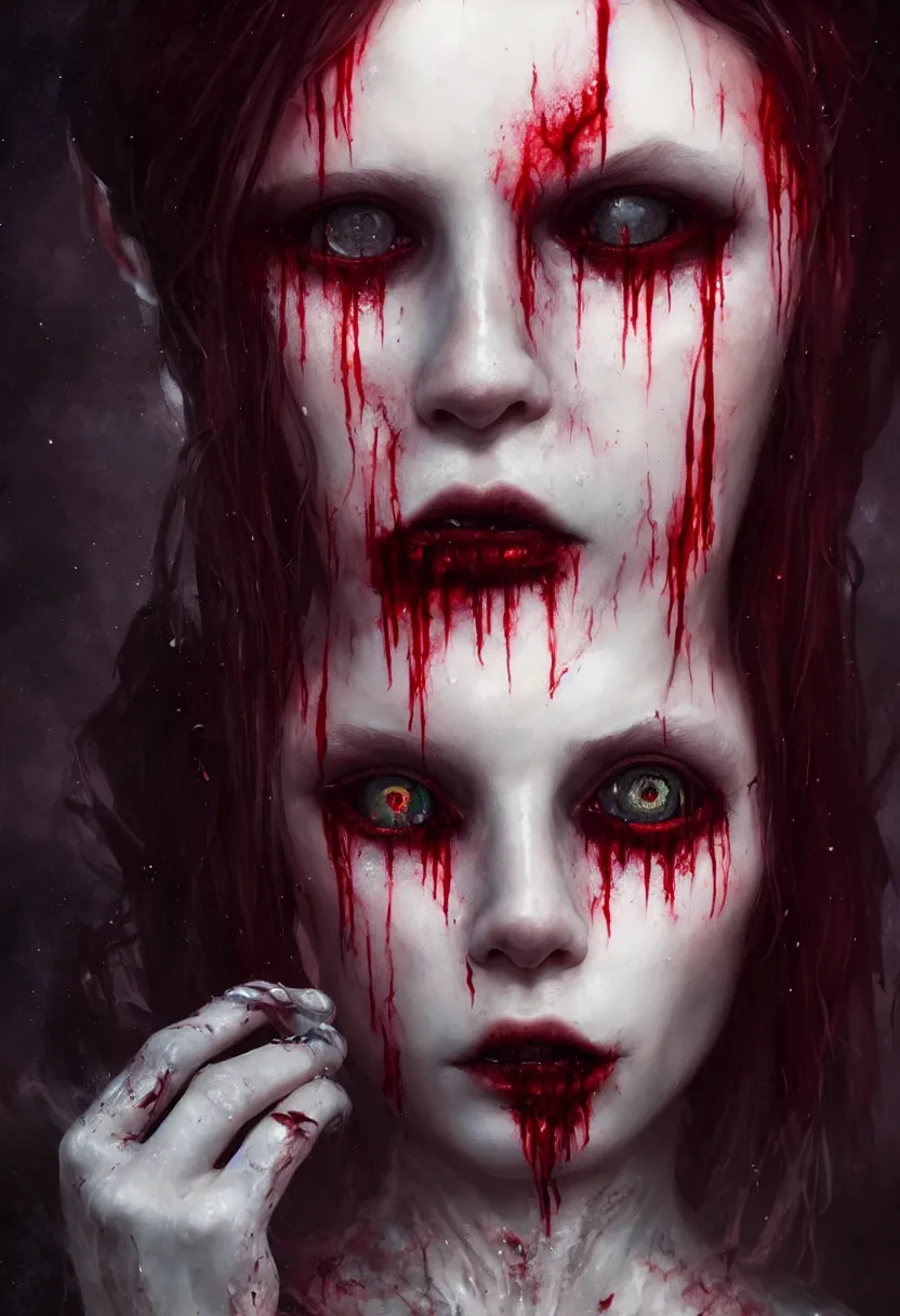 Image similar to beautiful very extreme closeup portrait, one face, bloody face, vampire girl, much blood, medieval dress. witch, makeup. unreal engine, greg rutkowski, loish, rhads, beeple, tom bagshaw, alphonse mucha, global illumination, detailed and intricate environment