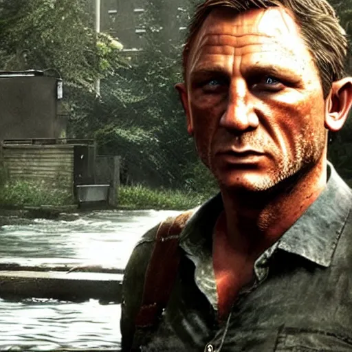 Image similar to a screenshot of daniel craig in the video game the last of us. 3 d rendering. unreal engine. amazing likeness. very detailed. cartoon caricature