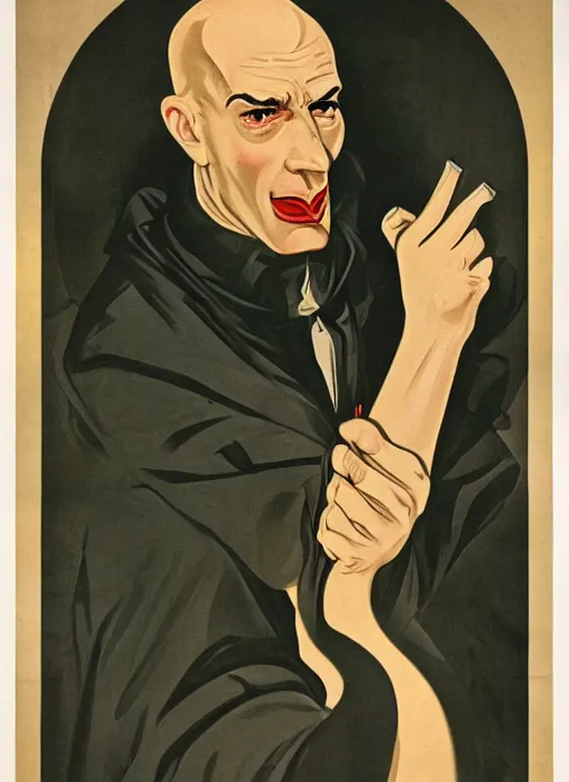 Image similar to portrait of glamorous bald medieval man with big nose and annoyed gesture,look of hate, threatening pose, 1940s propaganda poster, full hd,highly detailed