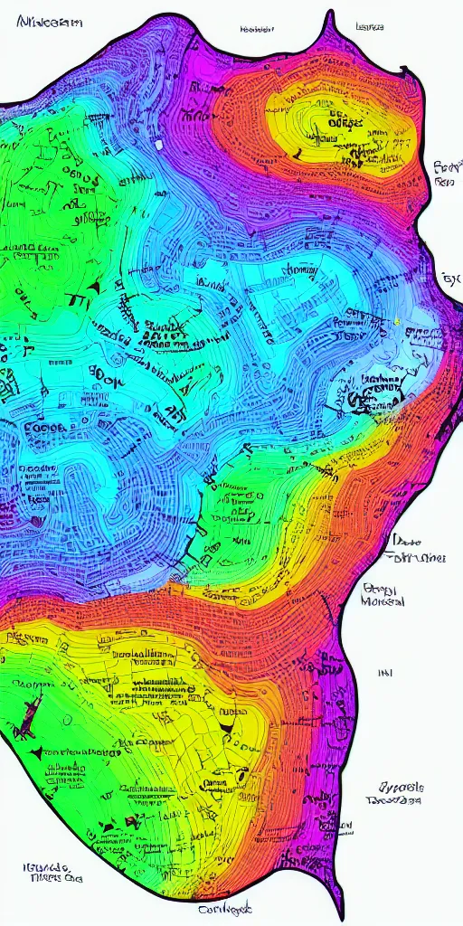 Image similar to infographic map of a heavenly realm split into regions with population information and statistics in the style of a three dimensional map highly detailed digital saturated colors full color inked drawn by bob ross and lisa frank