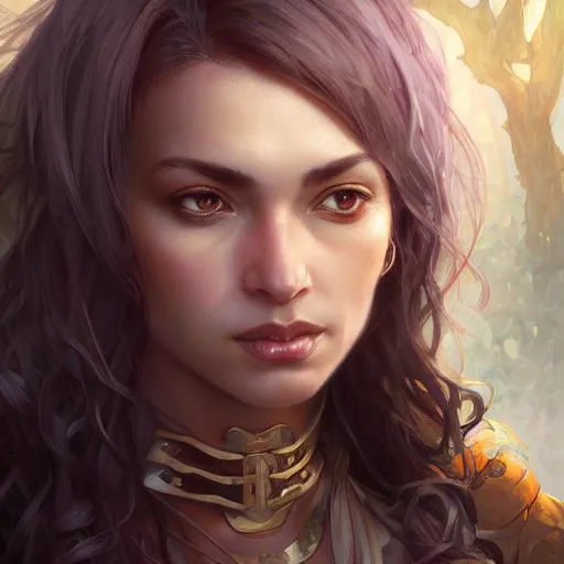 Image similar to beautiful, strong, mixed race, female, aged 4 0, face, head shot, fantasy, highly detailed, digital painting, artstation, concept art, smooth, sharp focus, illustration, art by artgerm and greg rutkowski and alphonse mucha