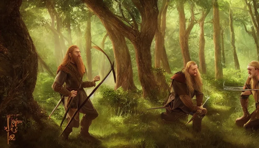 Image similar to gimli and legolas in lothlorien, being friends, artwork, artstation, beautiful setting