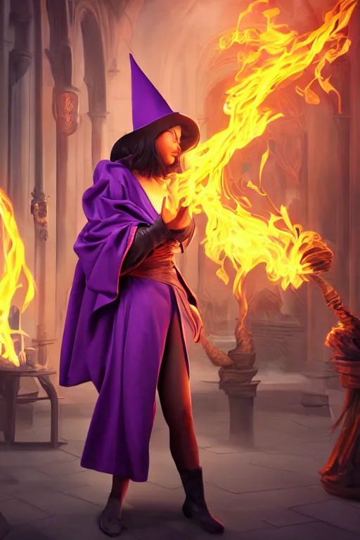 Image similar to short woman in prudish purple wizards apprentice robes with pointy hat at a crowded magical university, a flaming magical red flame hummingbird pet, full body shot unreal engine hyperreallistic render 8k character masterpiece digital art, cell shader shading, raytracing, comic art, manga, trending on Artstation, CGSociety