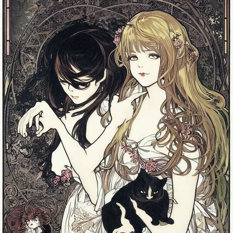 Image similar to gothic lolita and her cat companion. chiaroscuro manga artbook illustration by clamp and alphonse mucha.