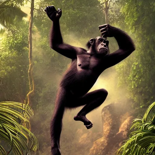 Image similar to Angry Chimpanzee Jumping, Epic Jump, Cinematic Photo, Cinematic Shot, Jungle, Foliage Boris Vallejo, Epic, 8k resolution, ArtStation, Hyperrealistic