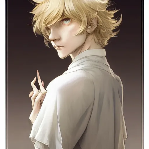 Image similar to Lucius the delicate androgynous pale blond prince league of legends on his day off, white poet shirt, long fluffy curly blond hair, highly detailed, digital painting, artstation, concept art, smooth, sharp focus, illustration, ArtStation, art by artgerm and greg rutkowski and alphonse mucha and Edmund Blair Leighton and Charlie Bowater