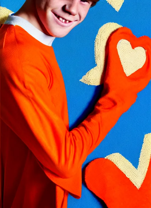 Image similar to friendly teenage archie andrews wearing an orange superhero costume with heart logo, heart, orange costume, blue cape, freckles, cape, heart emblem on chest, heart, blue cape, intricate, elegant, glowing lights, highly detailed, digital painting, artstation, sharp focus, illustration, art by wlop, mars ravelo and greg rutkowski