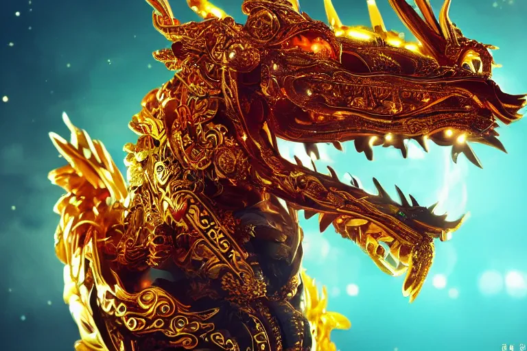 Image similar to cinematic closeup portrait of a golden chinese dragon intricately decorated with colorful jewels, detailed textures, nighttime city lights, strong bokeh, dramatic lighting, unreal engine, cgsociety, artstation, 4k