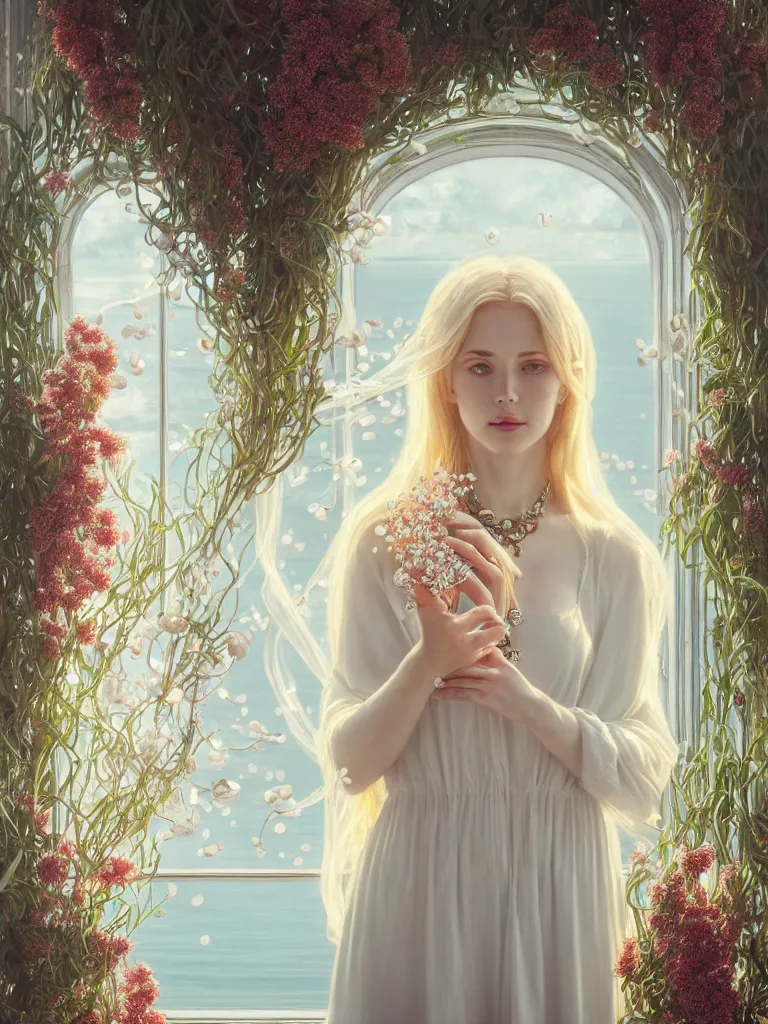 Image similar to blonde girl in white dress in beautiful window, necklace with a fruit seed ornament, ocean eyes, light freckles, incense smoke and flowers in the background, portrait, mucha, conceptart, medium shot, unreal, octane, symmetrical, photorealism.