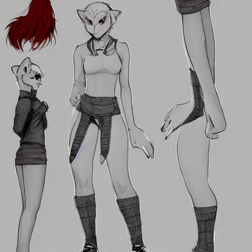 Image similar to female character sheet, concept art, fox legs, fox ears, part fox, anthropomorphic female, lone female, red hair, character sheet, sketch, anime, paws, close - up, feet replaced with paws.