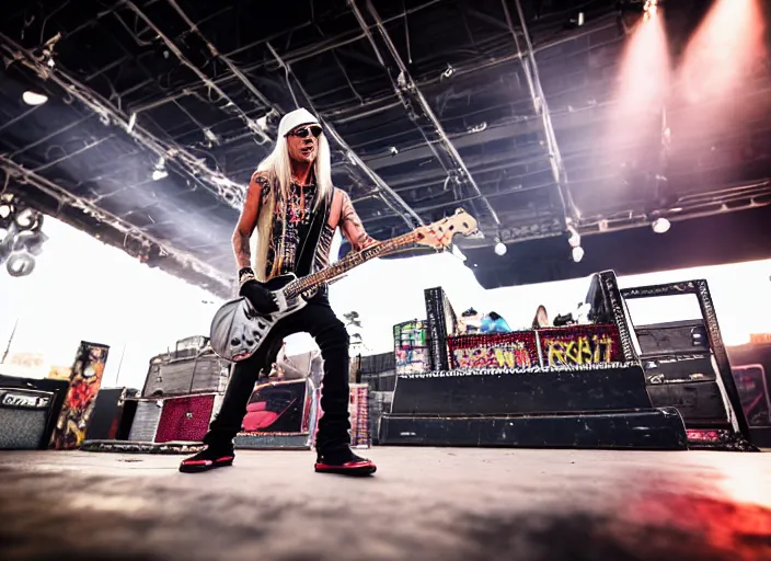 Prompt: photo still of brett michaels on stage at vans warped tour!!!!!!!! at age 4 8 years old 4 8 years of age!!!!!!!! shredding on guitar, 8 k, 8 5 mm f 1. 8, studio lighting, rim light, right side key light