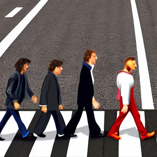 Image similar to 4 men walking on crosswalk on abbey road, city, digital art, 8 k.