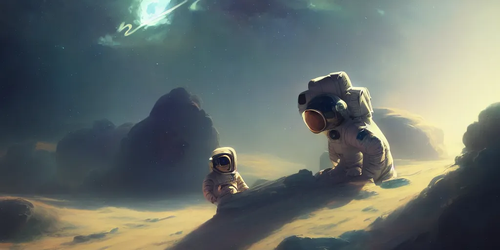 Prompt: a lonely astronaut drifting in space, extremely detailed digital painting, in the style of fenghua zhong and ruan jia and jeremy lipking and peter mohrbacher, mystical colors, rim light, beautiful lighting, 8 k, stunning scene, raytracing, octane, trending on artstation