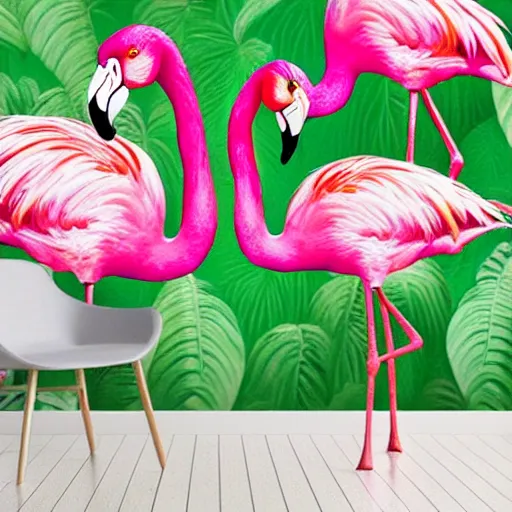 Prompt: photorealistic portrait of pink flamingo in front banana plants and a flamingo print wall, 5 0 mm uhd by annie leibovitz