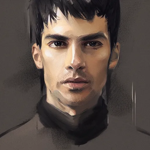 Image similar to portrait of a man by greg rutkowski, he is about 3 0 years old, short black hair with bangs, his features are peruvian, very tall and slender, he is wearing a beige and black utility jumpsuit, highly detailed portrait, digital painting, artstation, concept art, smooth, sharp focus ilustration, artstation hq