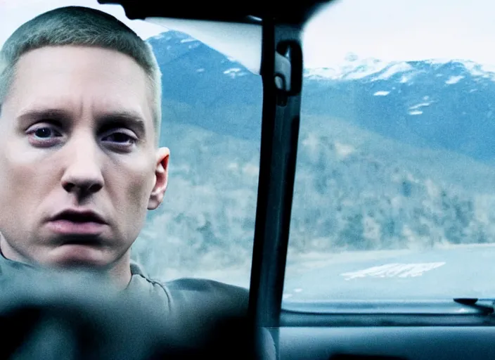 Prompt: a very high resolution image from a new movie, eminem driving a car. inside of a car. alone. mountains, directed by wes anderson