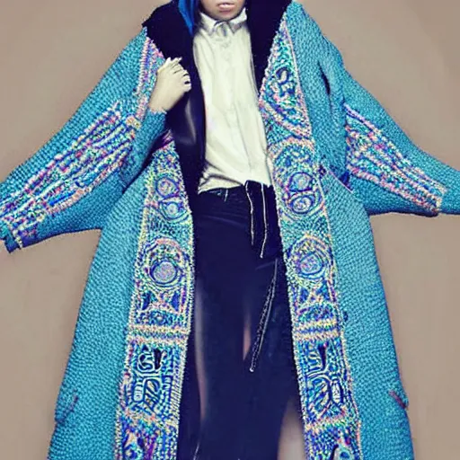 Image similar to fashion 2 0 5 0 fantastic openwork long coat with intricate pattern on a beautiful symmetrical girl with blue hair, hyper realistic photos