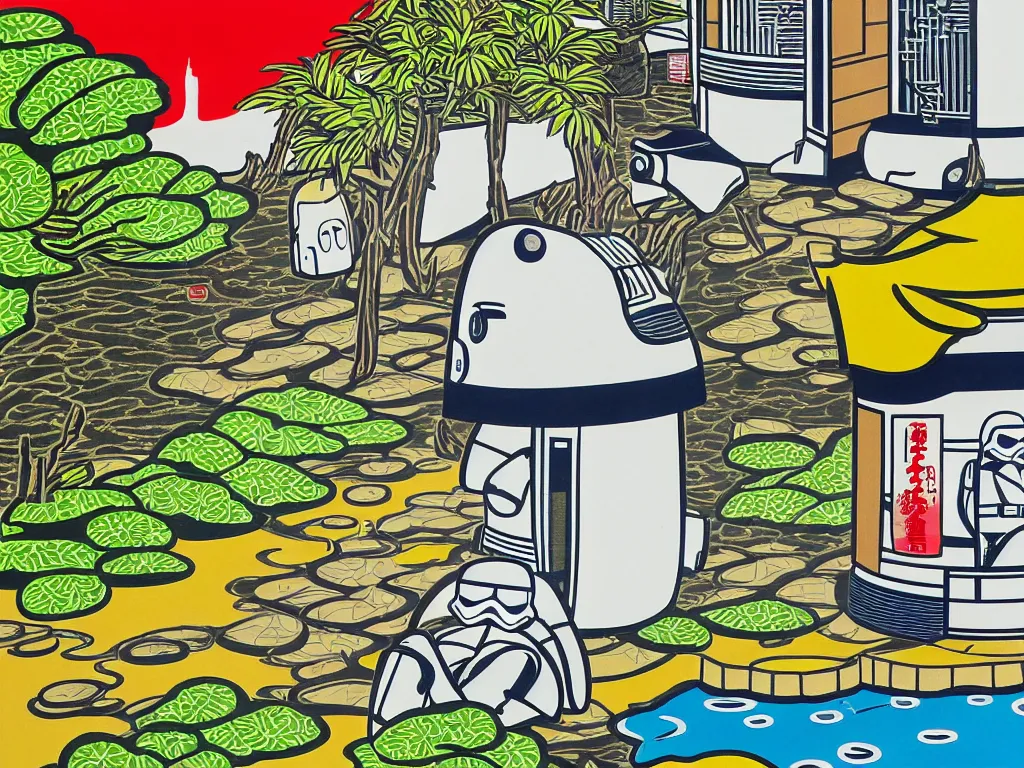 Image similar to detailed close - up image of the japanese home with a garden and a pond, 2 stormtroopers sitting around it, pop - art style, jacky tsai style, andy warhol style, roy lichtenstein style, rich palette, acrylic on canvas