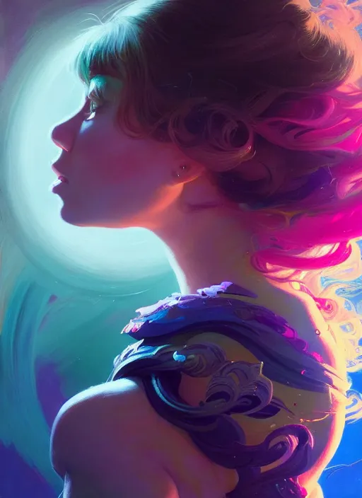 Image similar to side portrait, imogen poots, paladin, fantasy, gloomhaven, luminescent, organic painting, colorful swirly ripples, gaudy colors, by greg manchess, huang guangjian, gil elvgren, sachin teng, greg rutkowski, jesper ejsing, ilya kuvshinov