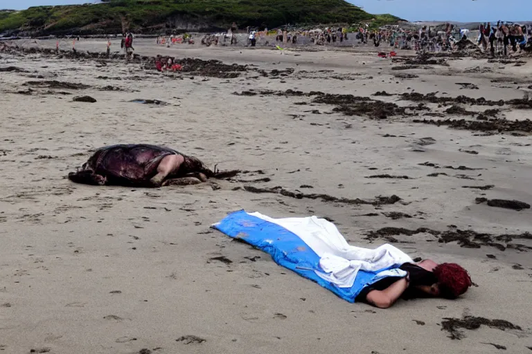 Prompt: lamboo dead body on the beach