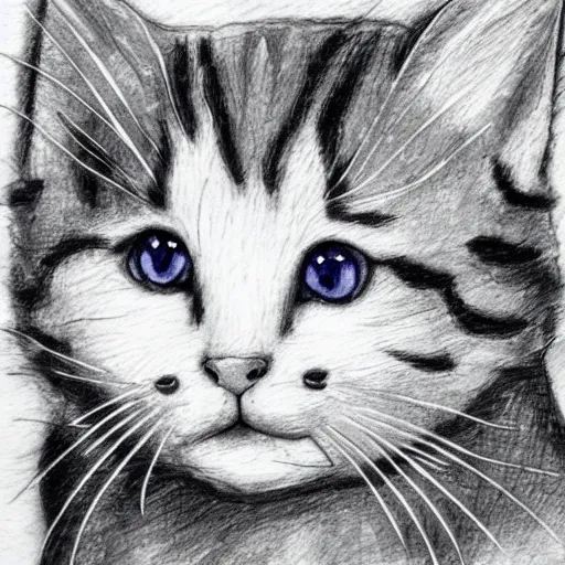 Image similar to single line drawing of a cute kitten, blue ink pen