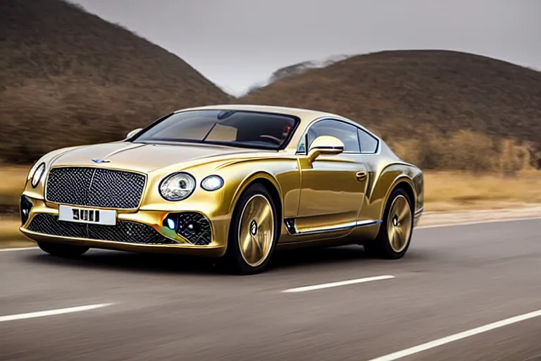 Image similar to Bentley Continental GT in shiny gold film drives along old Russian village road with houses around the edges