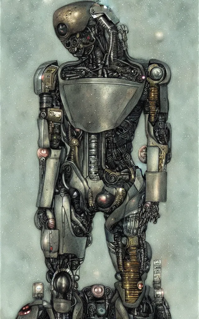 Prompt: futurist cyborg knight, perfect future, award winning art by santiago caruso, iridescent color palatte