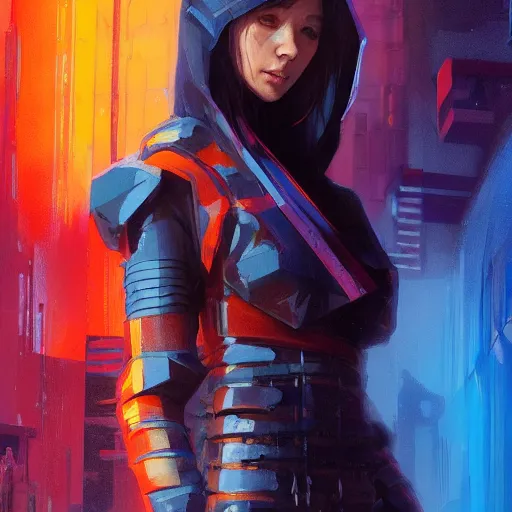 Image similar to movie still of stylized ninja - cyberpunk girl, wearing techwear and armor, complementary colors, beautiful realistic face, highly detailed, artstation, concept art, smooth, sharp focus, illustration, art by artgerm, by greg rutkowski, by jeremy mann, by francoise nielly, oil painting