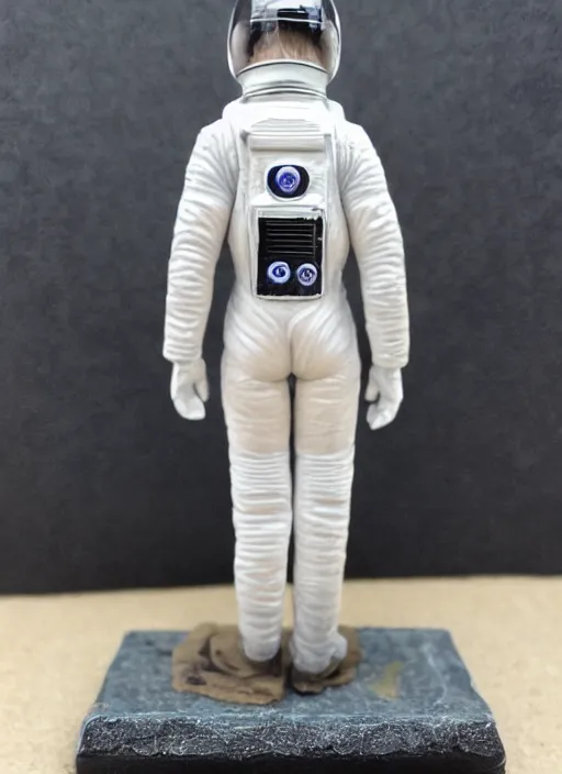 Prompt: 80mm resin detailed miniature of a Female astronaut , black female, clothed in astrology suit, glasses , very muscular, black hair, beautiful bone structure, symmetrical facial features, Product Introduction Photos, 4K, Full body, view from behind