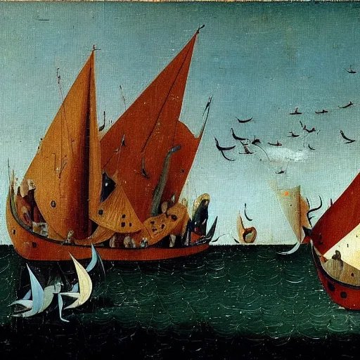 oil painting by hieronymous bosch of a caravel sailing | Stable