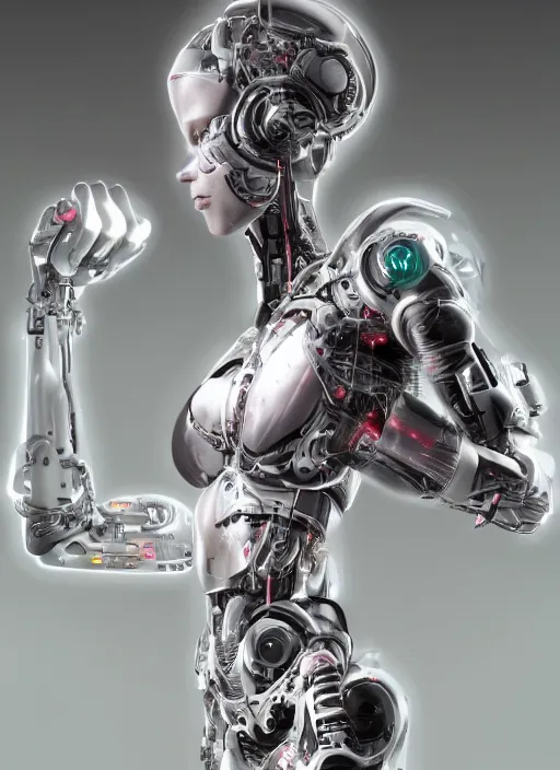 Prompt: photorealistic detailed full body picture of a female cyborg, pretty face with arms and legs and feet and hands, glamour pose, neon lights, humanoid, extreme, uhdr, book called the most influental cyborg in 2 0 5 0, fine details, highly detailed, intricate, smooth sharp focus, symmetrical features, environmental portrait, realistic render