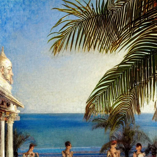 Image similar to a ultradetailed beautiful painting of the amazonas palace balustrade designed by jules bastien - lepage, hans belmer, frank weston and gustave baumann, beach, trending on artstation, mediterranean, palm trees, refracted color sparkles, sharp focus, soft light, 8 k 4 k