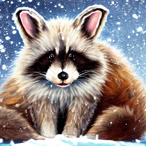 Prompt: cute fluffy hybrid animal cross between raccoon and lop eared bunny rabbit sitting in snowy winter landscape detailed painting 4 k