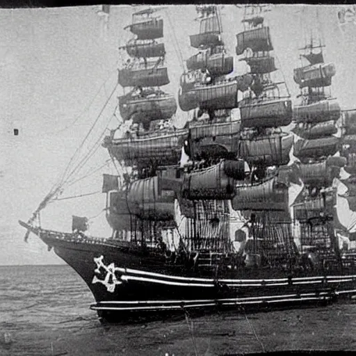 Image similar to an impossibly huge pirate ship that's also a skull. 1910s photograph