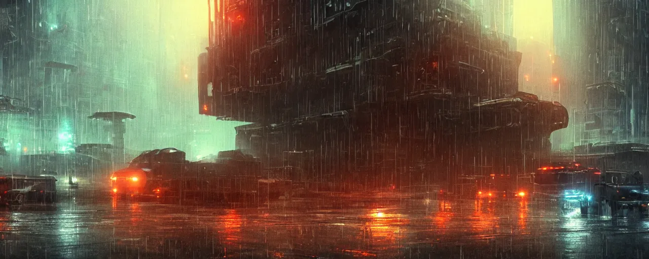 Prompt: ” industrial alien landscape, [ rain, city, cinematic, detailed, epic, widescreen, opening, establishing, mattepainting, photorealistic, realistic textures, octane render, art by slop and paul lehr ] ”